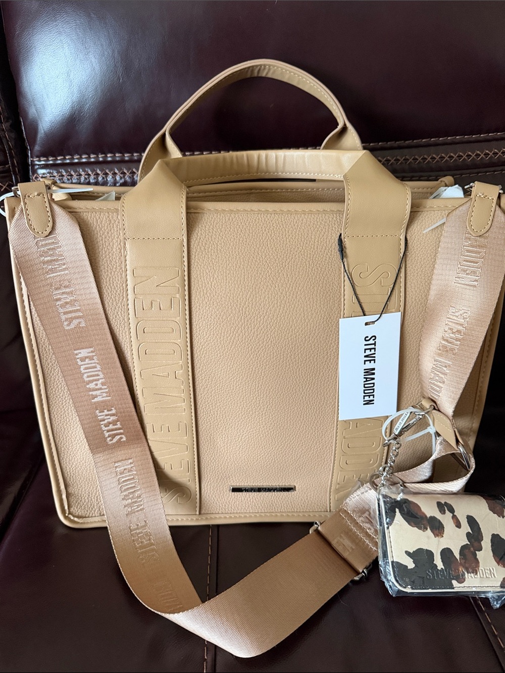 Steve Madden Beige Leather Brief Tote with Branded strap